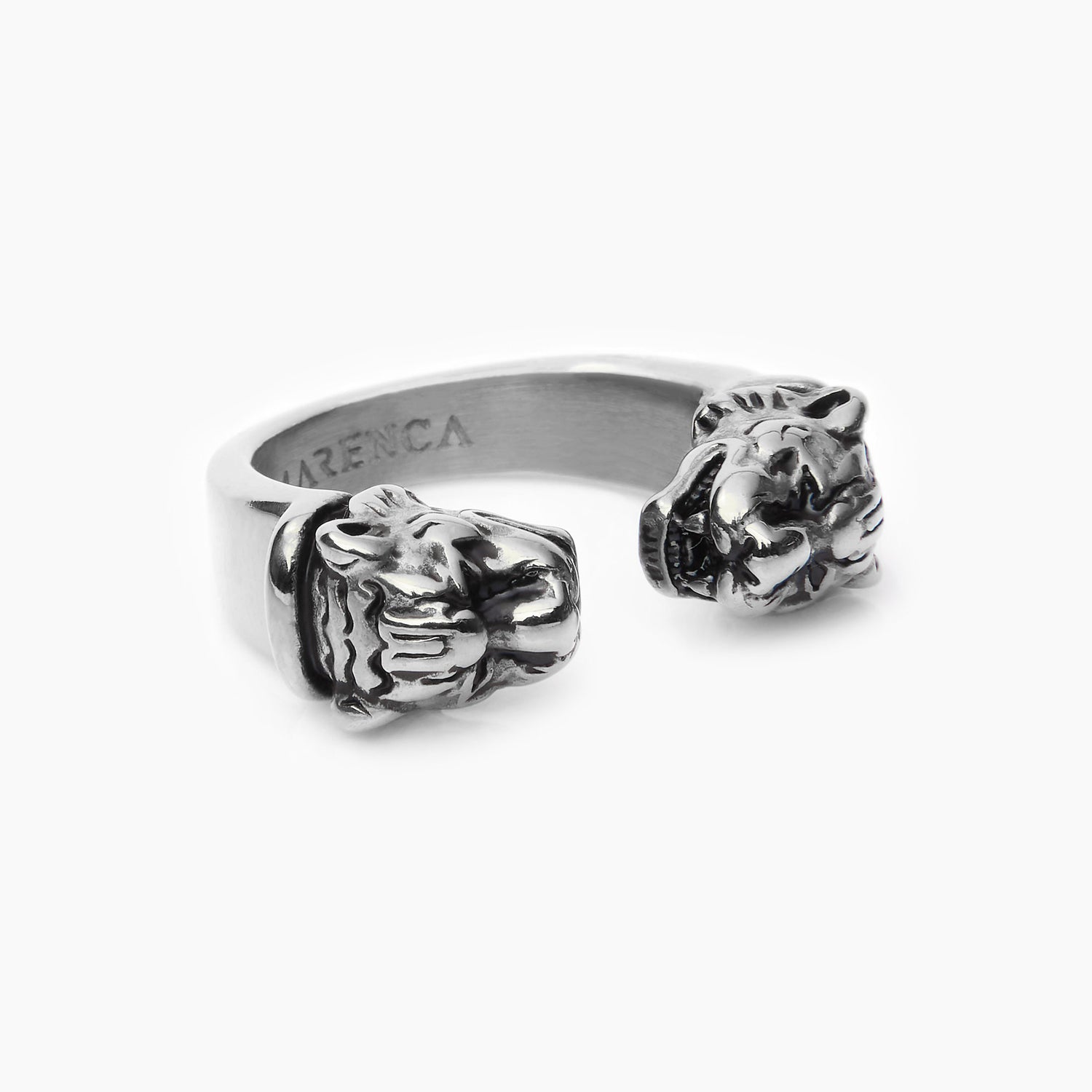 Zilveren Cuff Ring met Tijgerkoppen